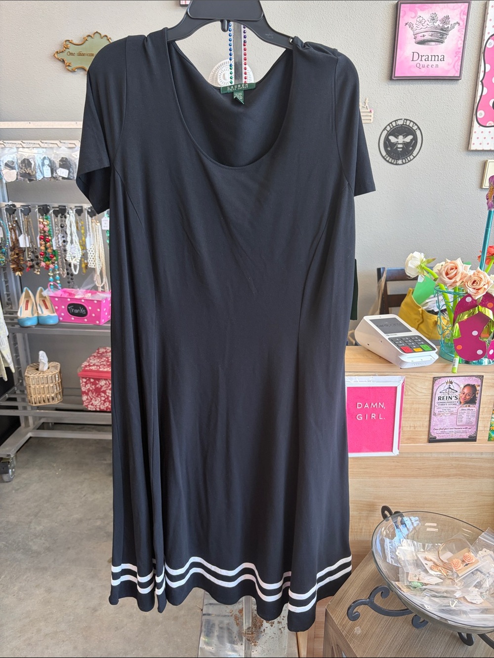 Lauren Ralph Lauren Black Midi Dress with White Hem Stripes